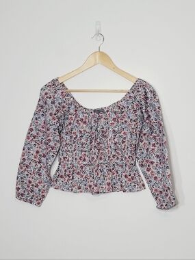 Suzy Shier 100% Cotton Pinks Blues Floral Wide Arms Off The Shoulder Cropped Top